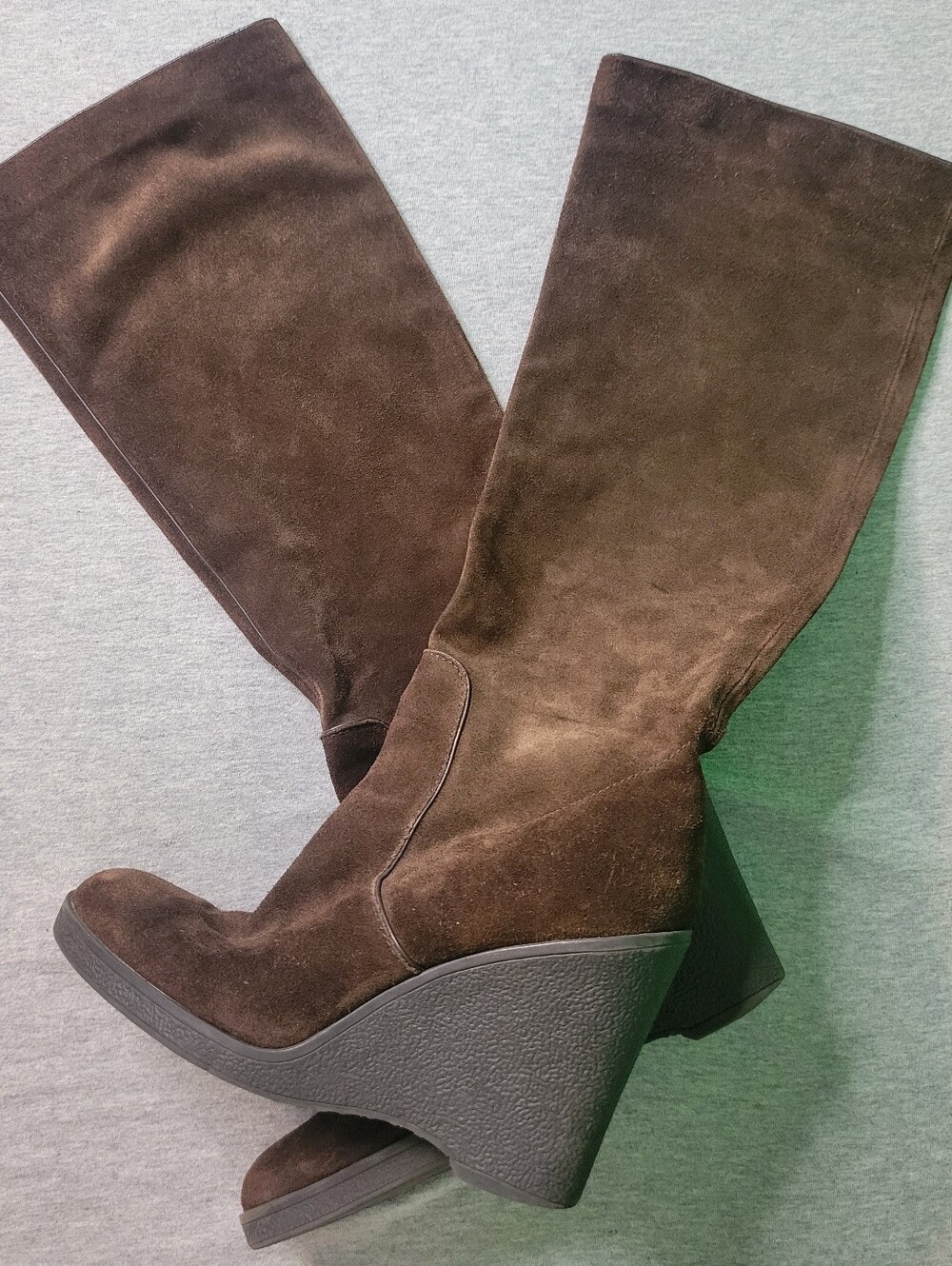 Calvin Klein Dark Brown Suede Knee-High Wedge Boots Sz 8 Soledad